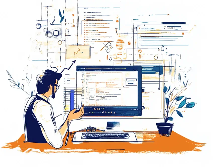 Веб агенство в Европе 2 Ilustrácia webovej agentúry: tím dizajnéra, programátora a copywritera pracuje na responzívnom webe vo WordPresse. Na obrazovke sú wireframy, UI komponenty a náhľady mobil/desktop. V pozadí kanban tabuľa so štádiami Analýza – Dizajn – Vývoj – Test – Spustenie; dôraz na UX a rýchlosť.